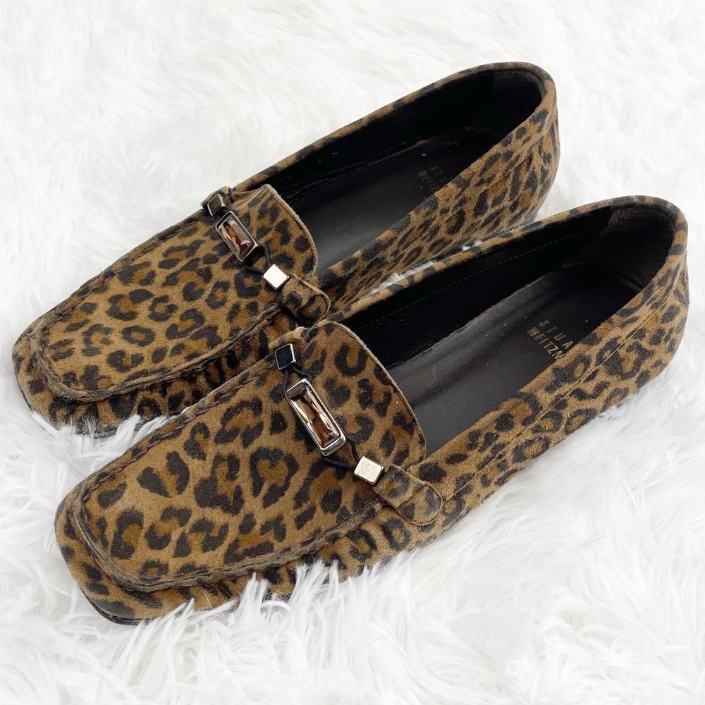 Stuart Weitzman Jeweled Leopard Print Suede Loafe… - image 1